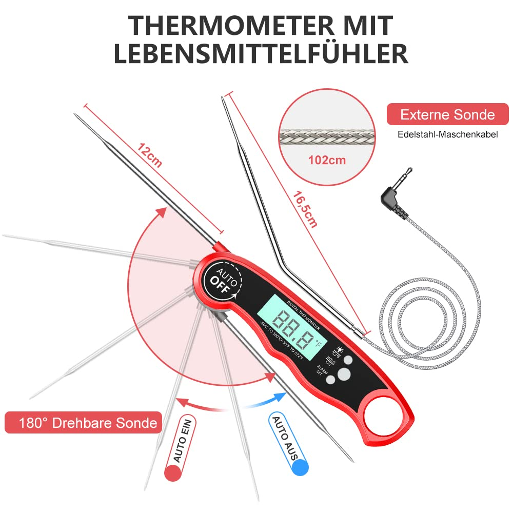 Ein rotes digitales Thermometer mit Sonde und externer Sonde, das eine Temperatur von 88,8 Grad anzeigt.