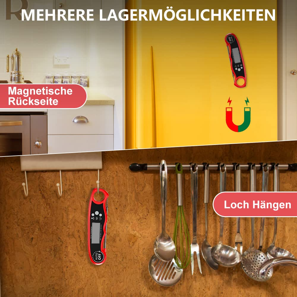 Ein digitales Thermometer wird gezeigt, das an einem Haken und an einem Kühlschrank hängt, mit deutschem Text.