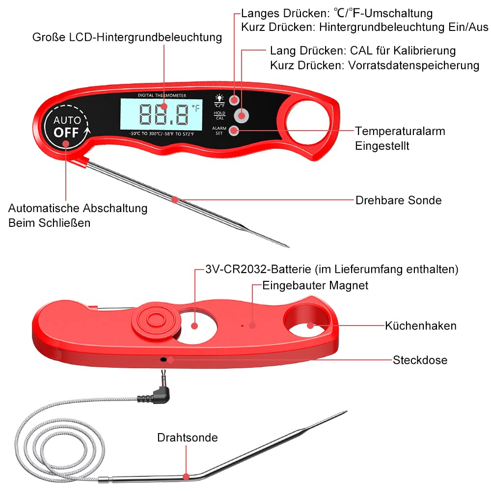 Ein rotes digitales Thermometer mit Sonde, das Text und Funktionen zeigt, mit Beschriftungen.