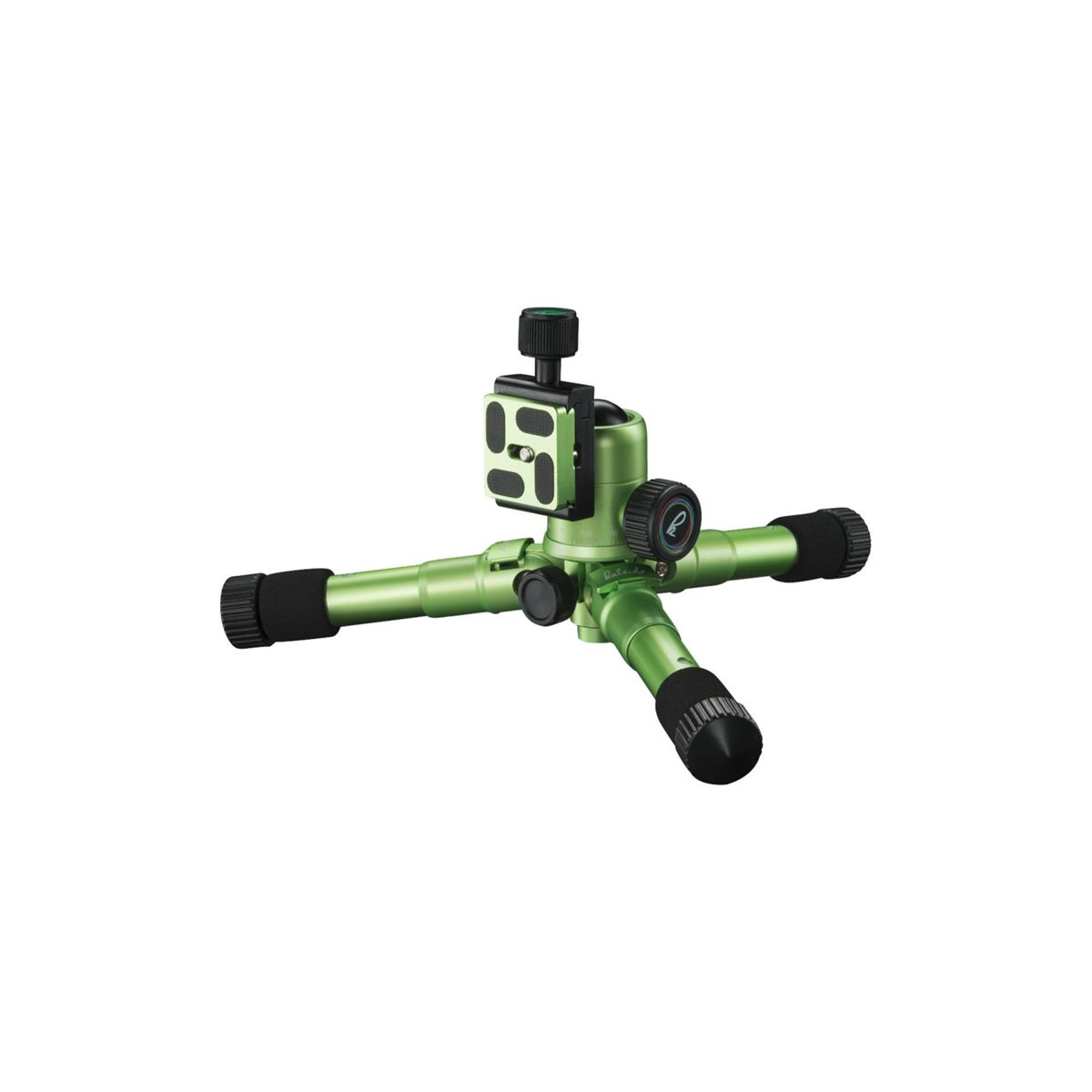 Zielony statyw z trzema nogami i centralną kolumną z pokrętłami regulacyjnymi na białym tle.