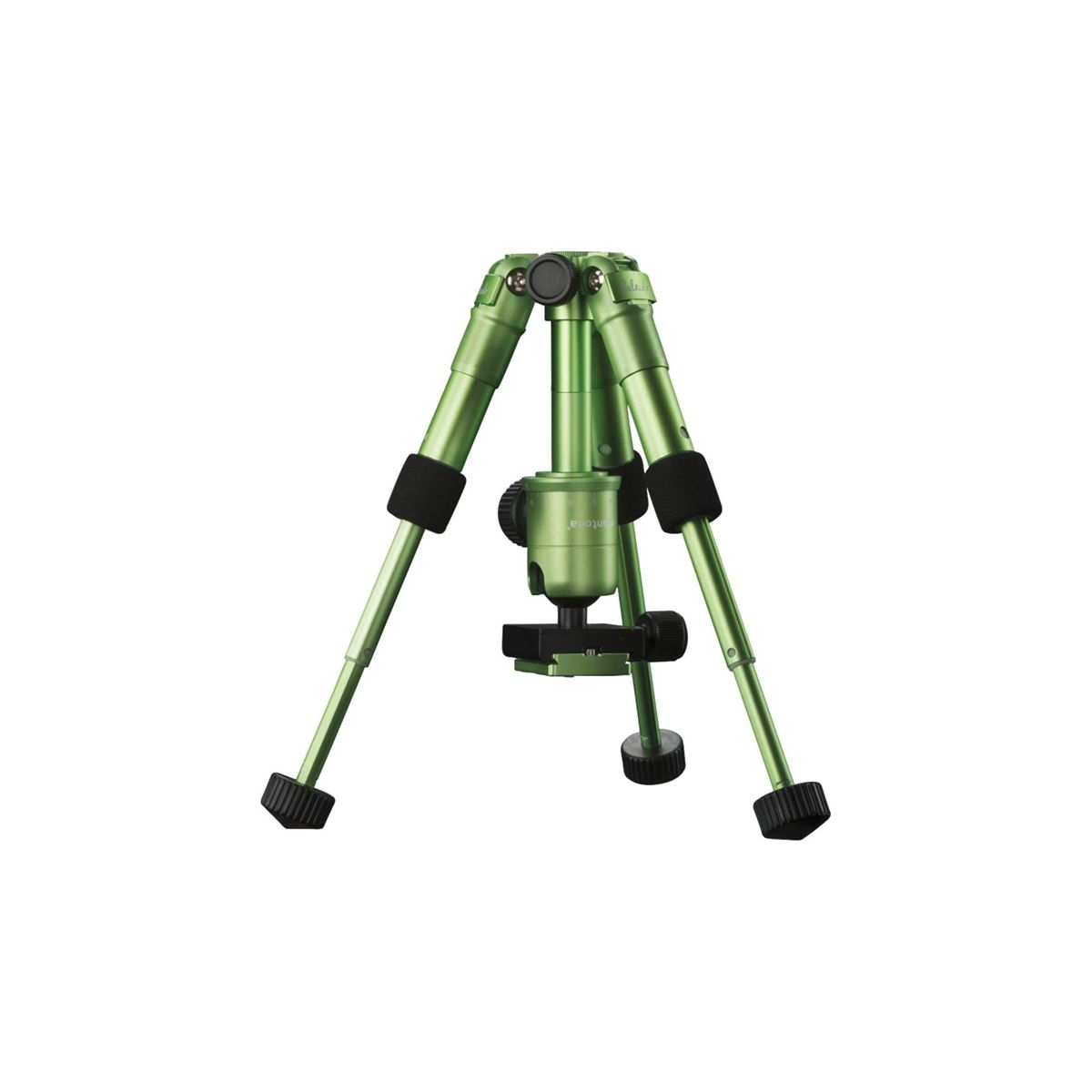 Zielony statyw, nogi rozłożone. Czarna pianka na nogach i poziomica.