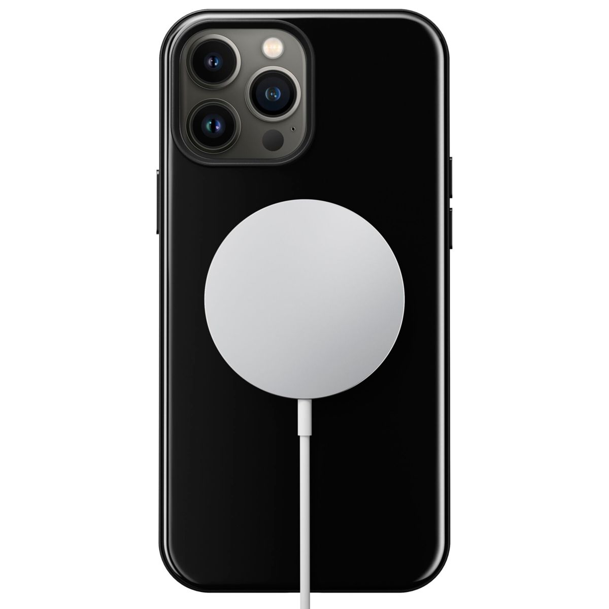 Schwarzes Telefon mit angebrachtem weißen MagSafe-Ladegerät auf weißem Hintergrund.