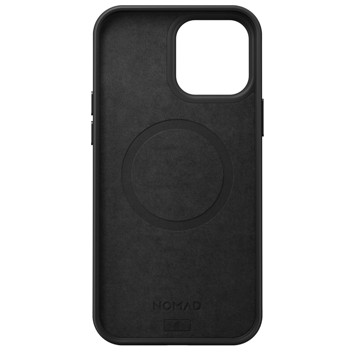 Schwarze Handyhülle mit Kameraausschnitt und Nomad-Logo innen, Lederstruktur.