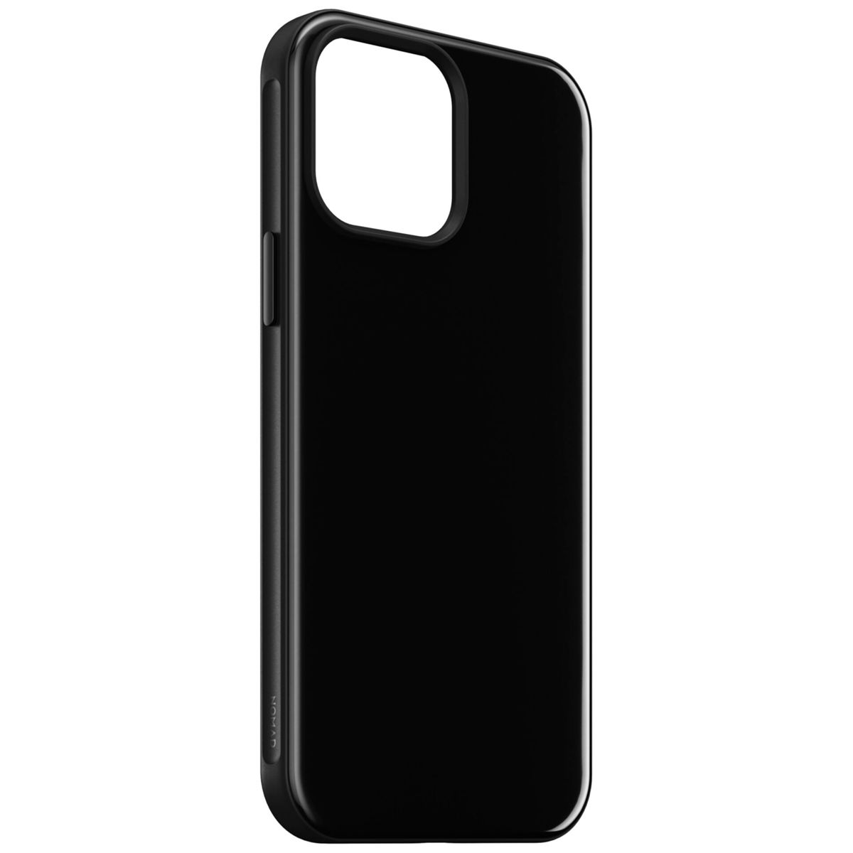 Schwarze Telefonhülle, Seitenansicht, auf weißem Hintergrund.