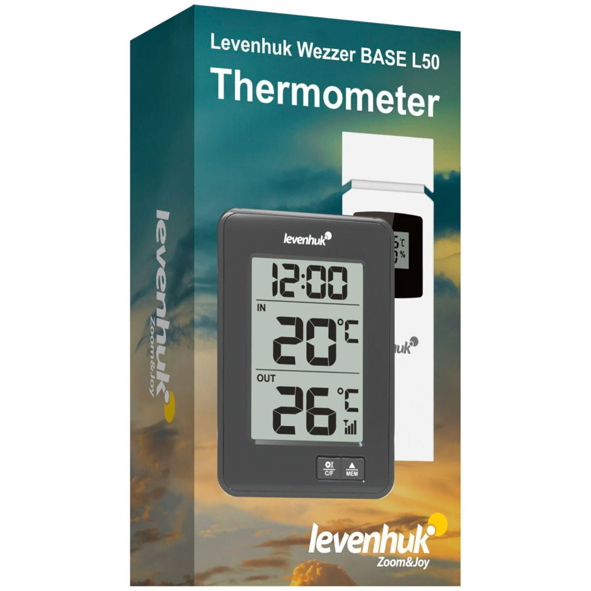 Box für Levenhuk Wezzer BASE L50 Thermometer, die Zeit und Temperatur anzeigt.