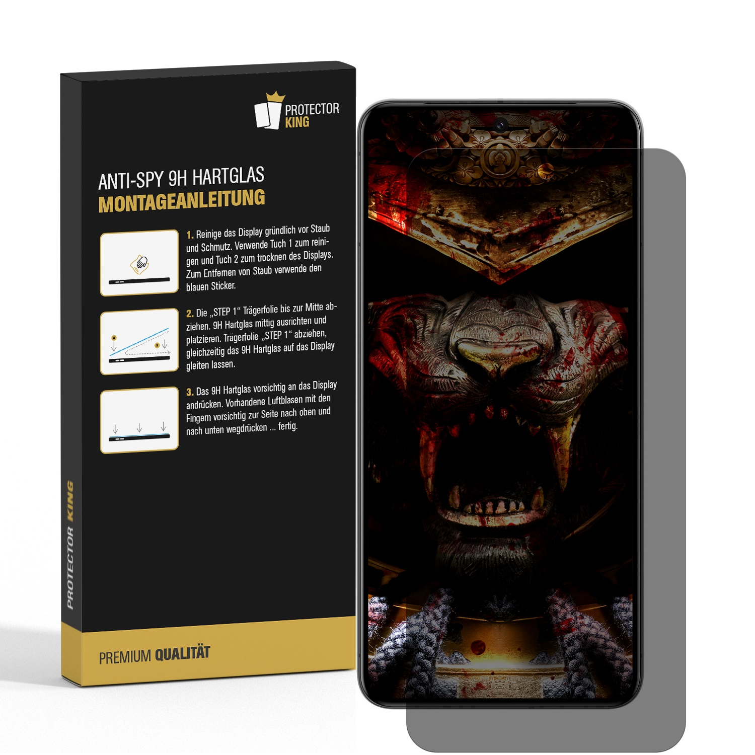 Eine Handy-Displayschutzfolienbox und ein Handy mit einem wütenden Kriegergesicht.