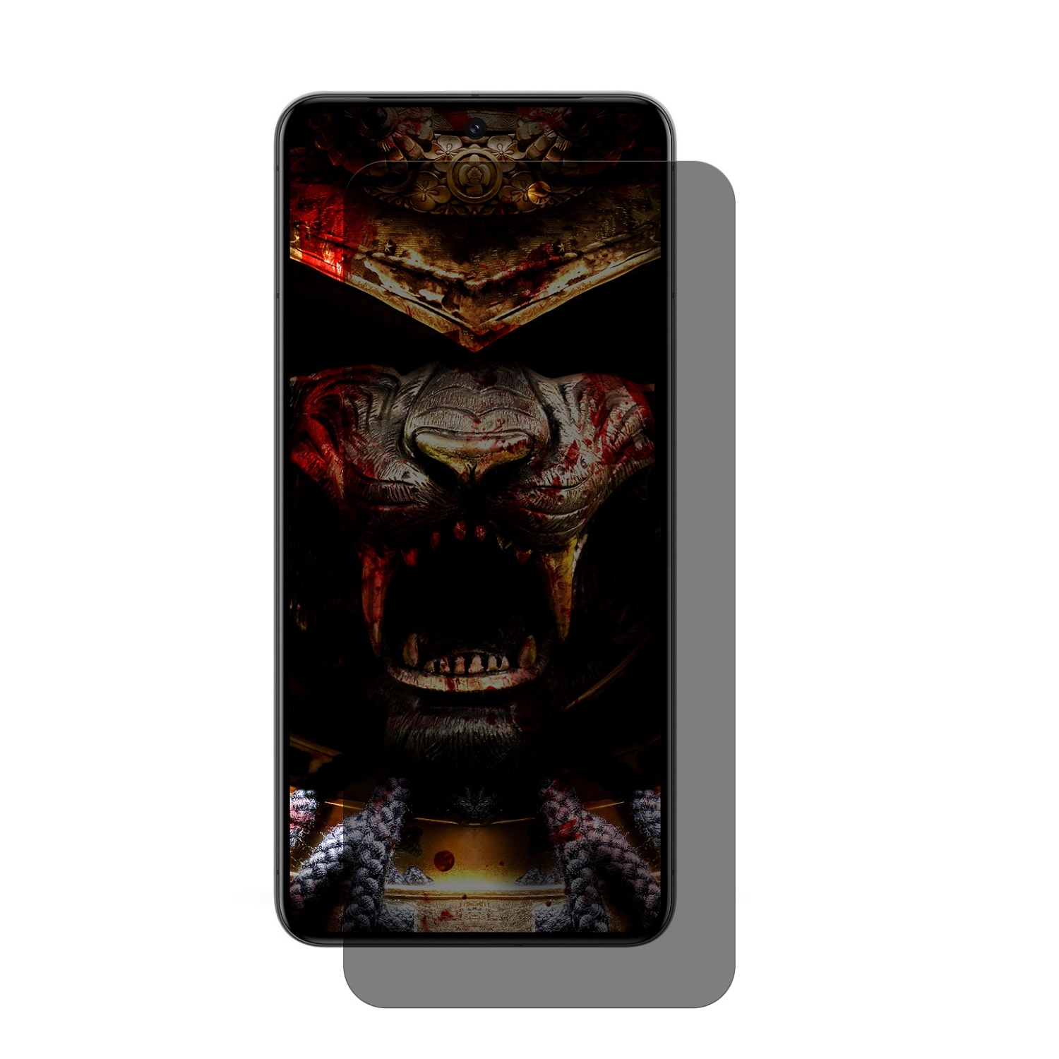 Telefon mit Bildschirm, der einen blutigen Krieger zeigt, mit Displayschutz.