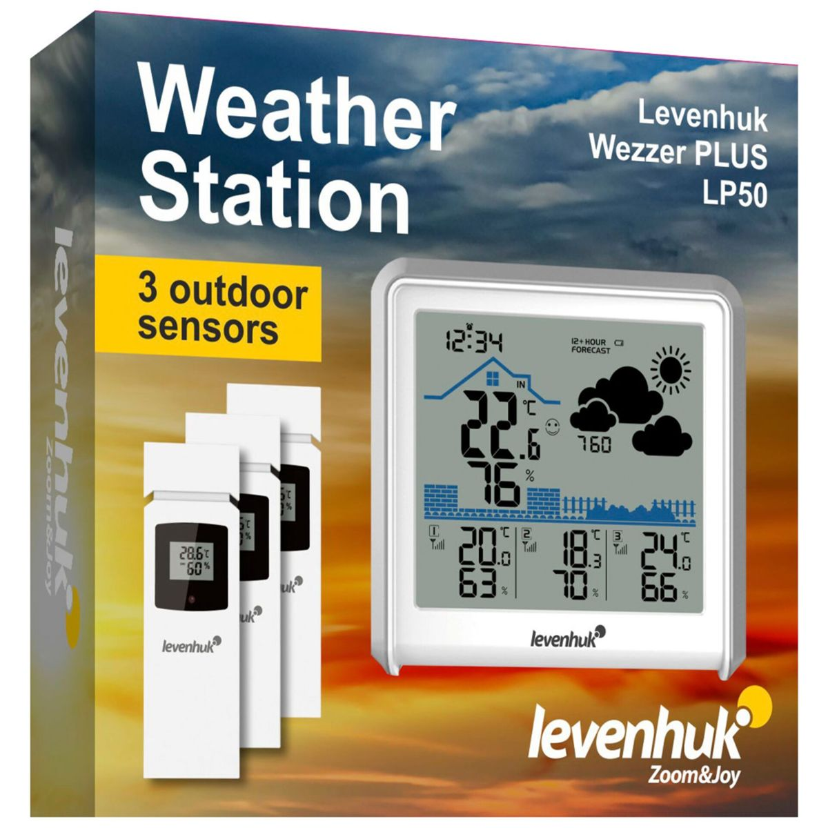 Wetterstation mit drei Außensensoren, die Zeit, Temperatur und Wolken anzeigen.