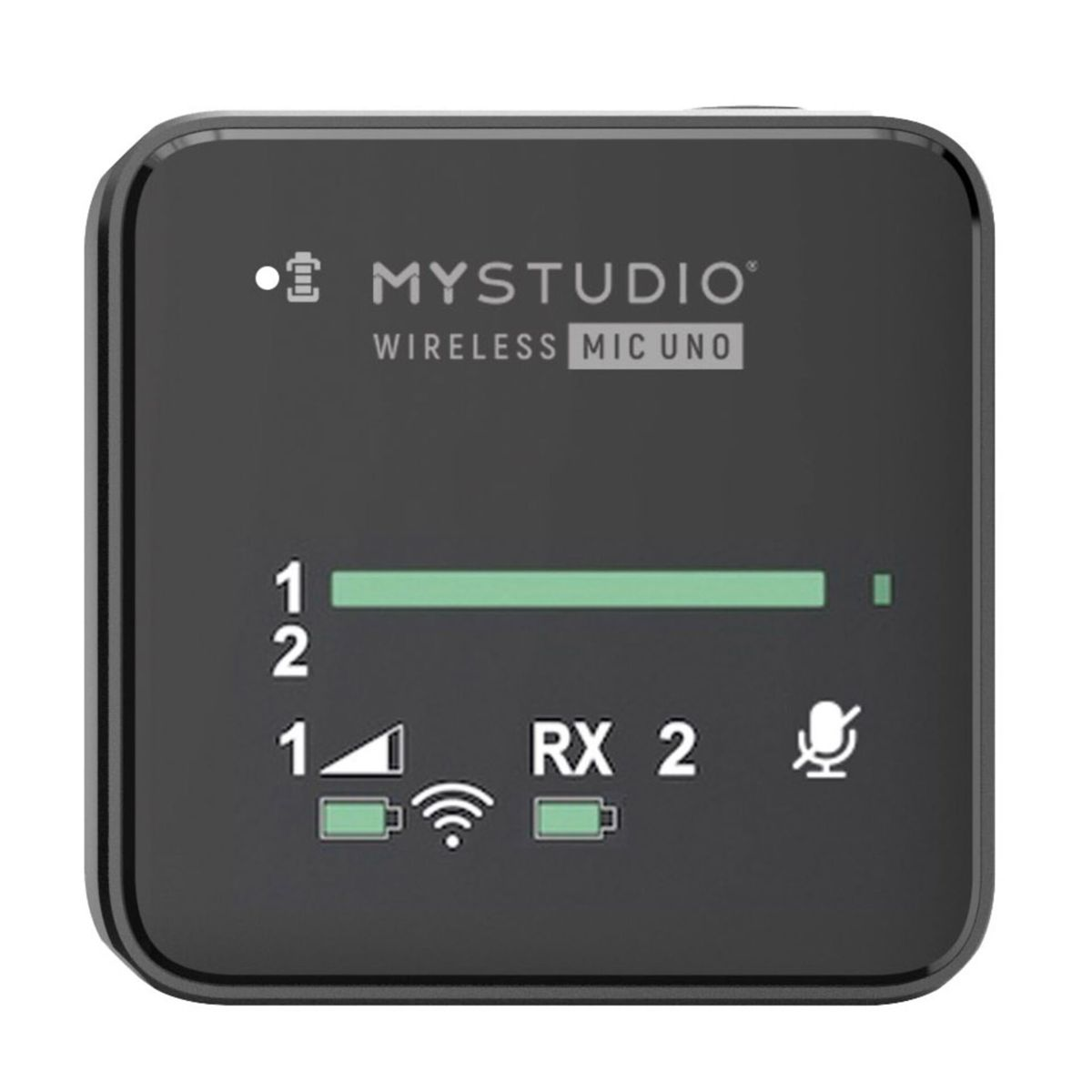 Ein schwarzer MYSTUDIO Wireless Mic Uno Empfänger mit grünen Batterieanzeigen.
