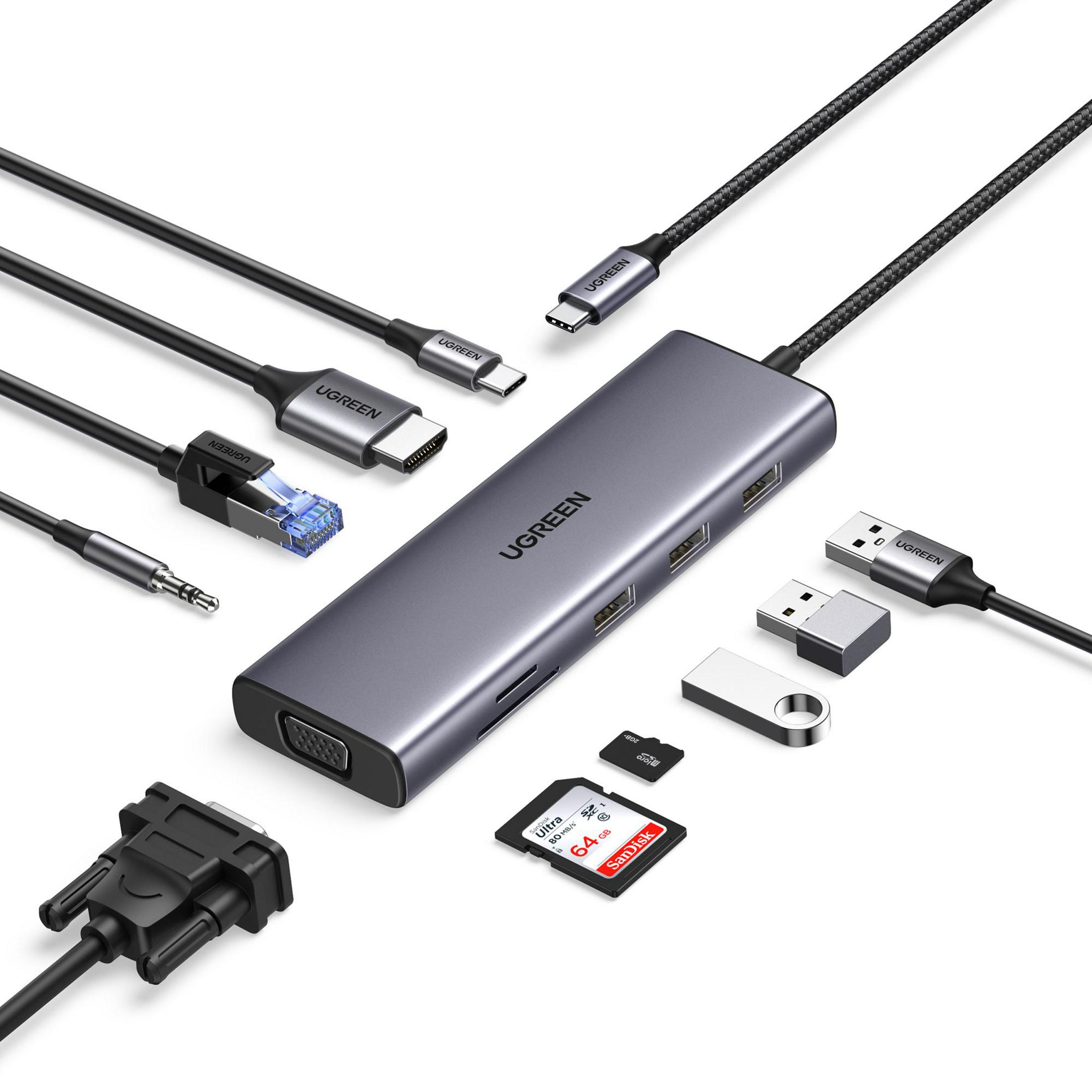 Hub UGREEN z podłączonymi różnymi kablami, w tym USB, HDMI i ethernet.