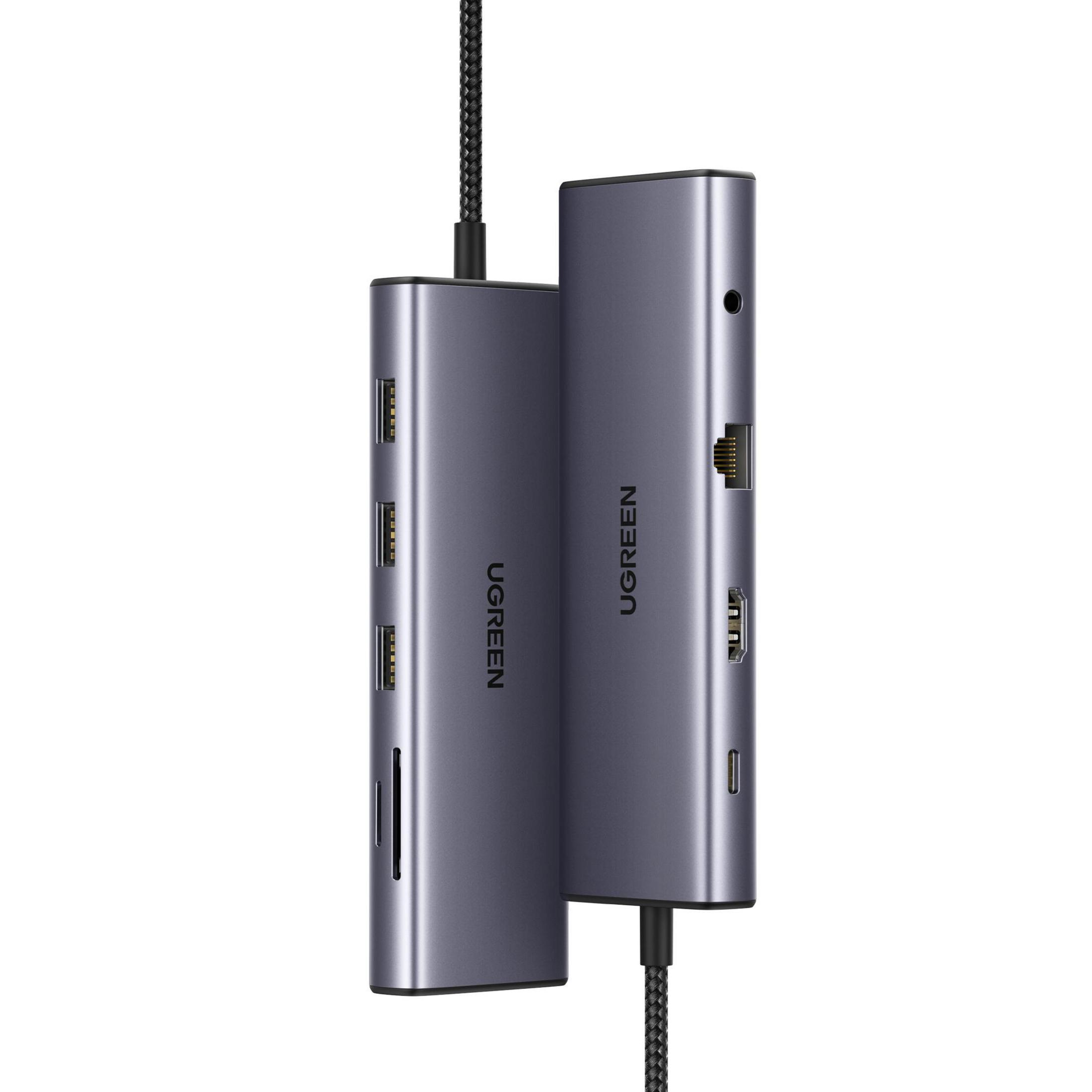 Dwie szare stacje dokujące UGREEN. Jedna jest pionowa, druga pozioma, połączone czarnym kablem.