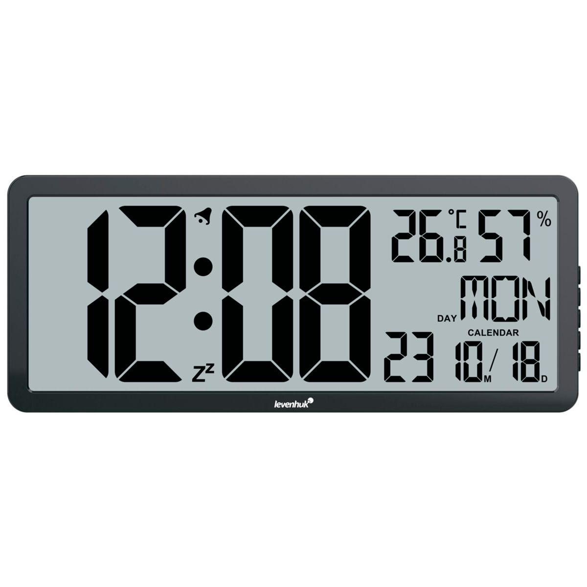 Digitaluhr zeigt Zeit, Datum und Temperatur an. Schwarzer Rahmen mit grauem Display.