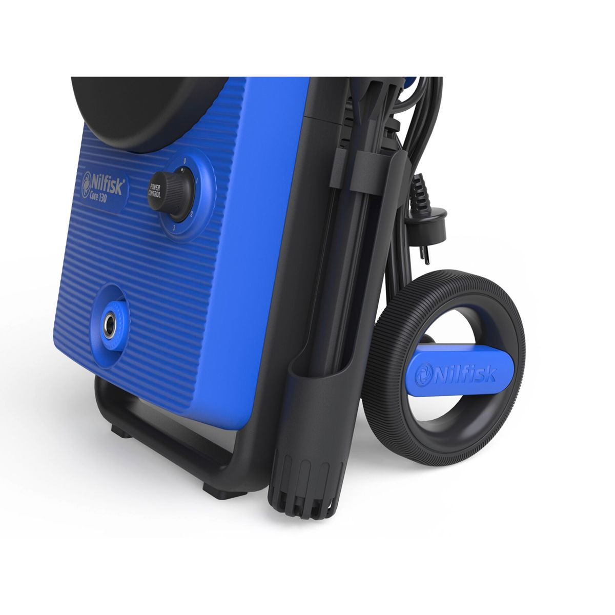 Zbliżenie niebiesko-czarnej myjki ciśnieniowej. Pokazuje elementy sterujące, koła i uchwyt na wąż.