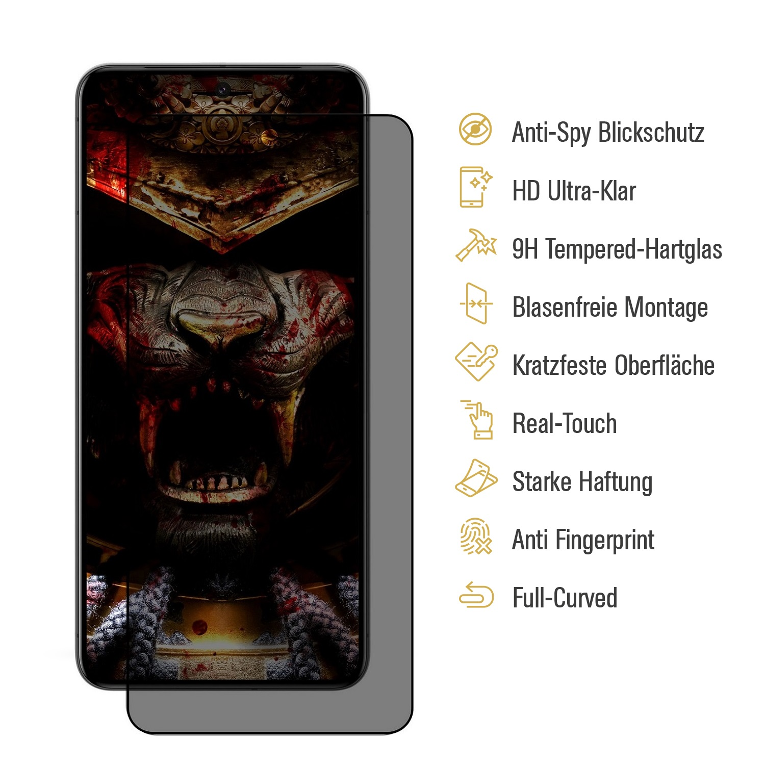 Ein Displayschutz mit einem Bild eines Samurai und einer Liste seiner Funktionen.