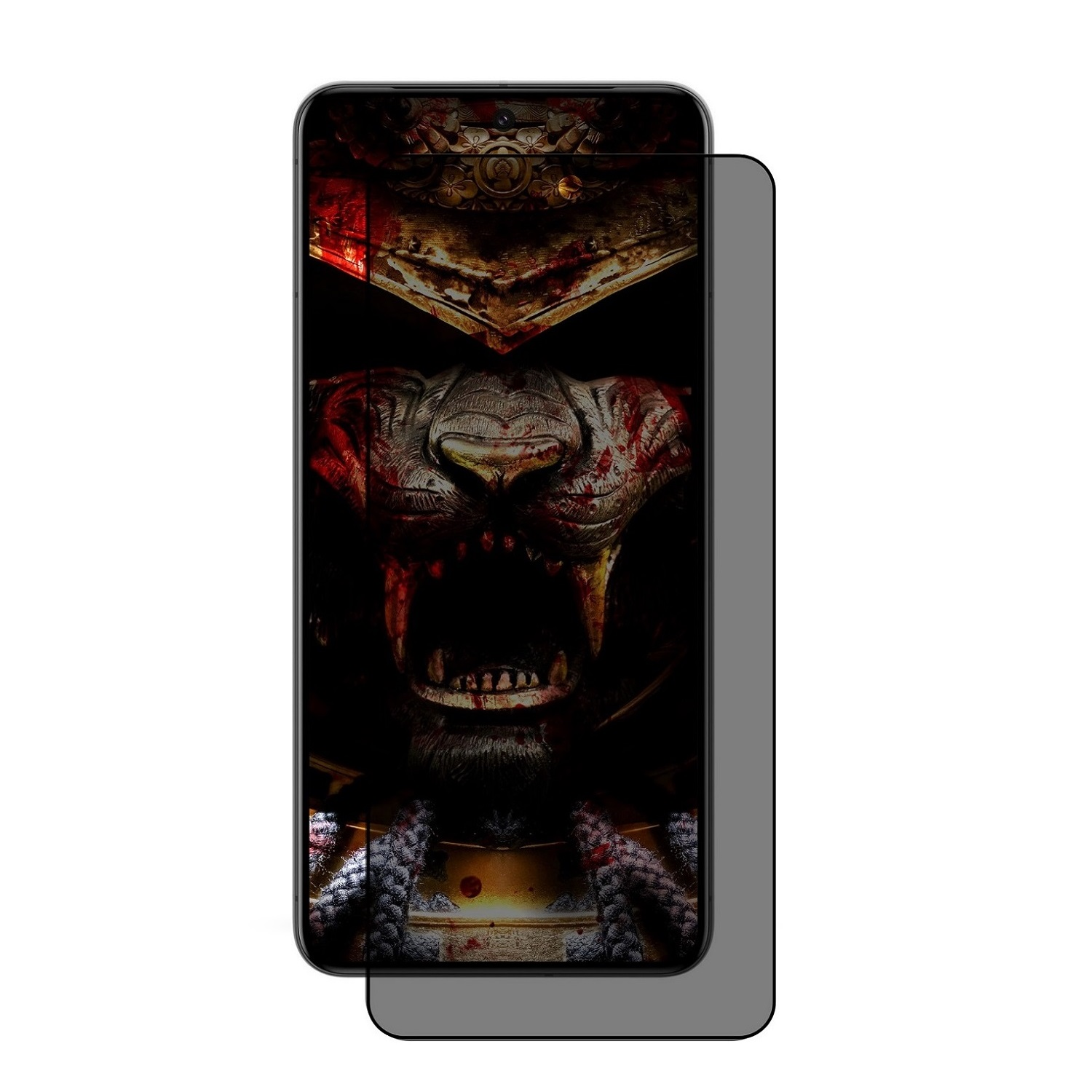 Ein Telefon mit Displayschutz, das ein gruseliges Bild eines Monsters mit roten Details zeigt.