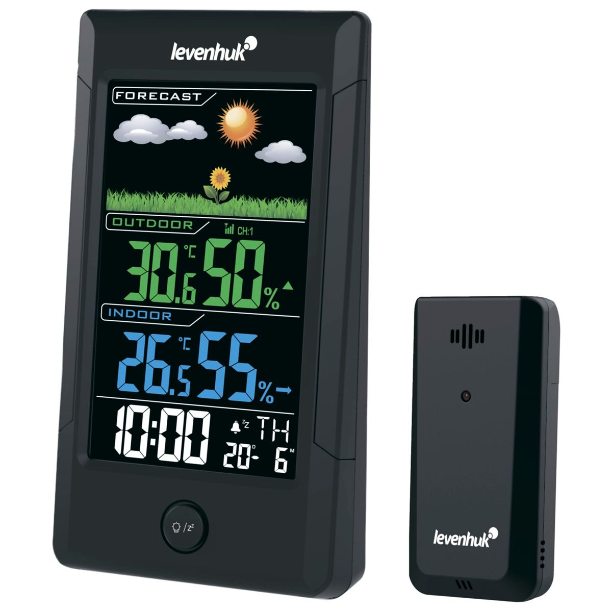 Eine schwarze Wetterstation mit einer kleinen separaten Einheit. Die Station zeigt Temperatur, Luftfeuchtigkeit und Uhrzeit an.