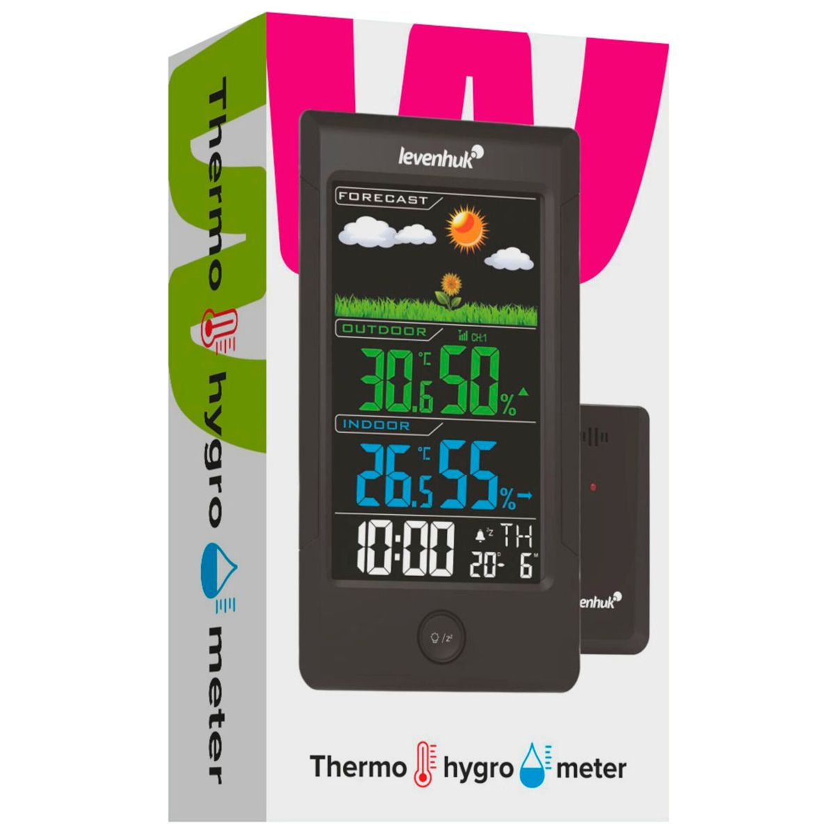 Thermometer in einer Box, zeigt Außen- und Innentemperatur, Luftfeuchtigkeit und Zeit.