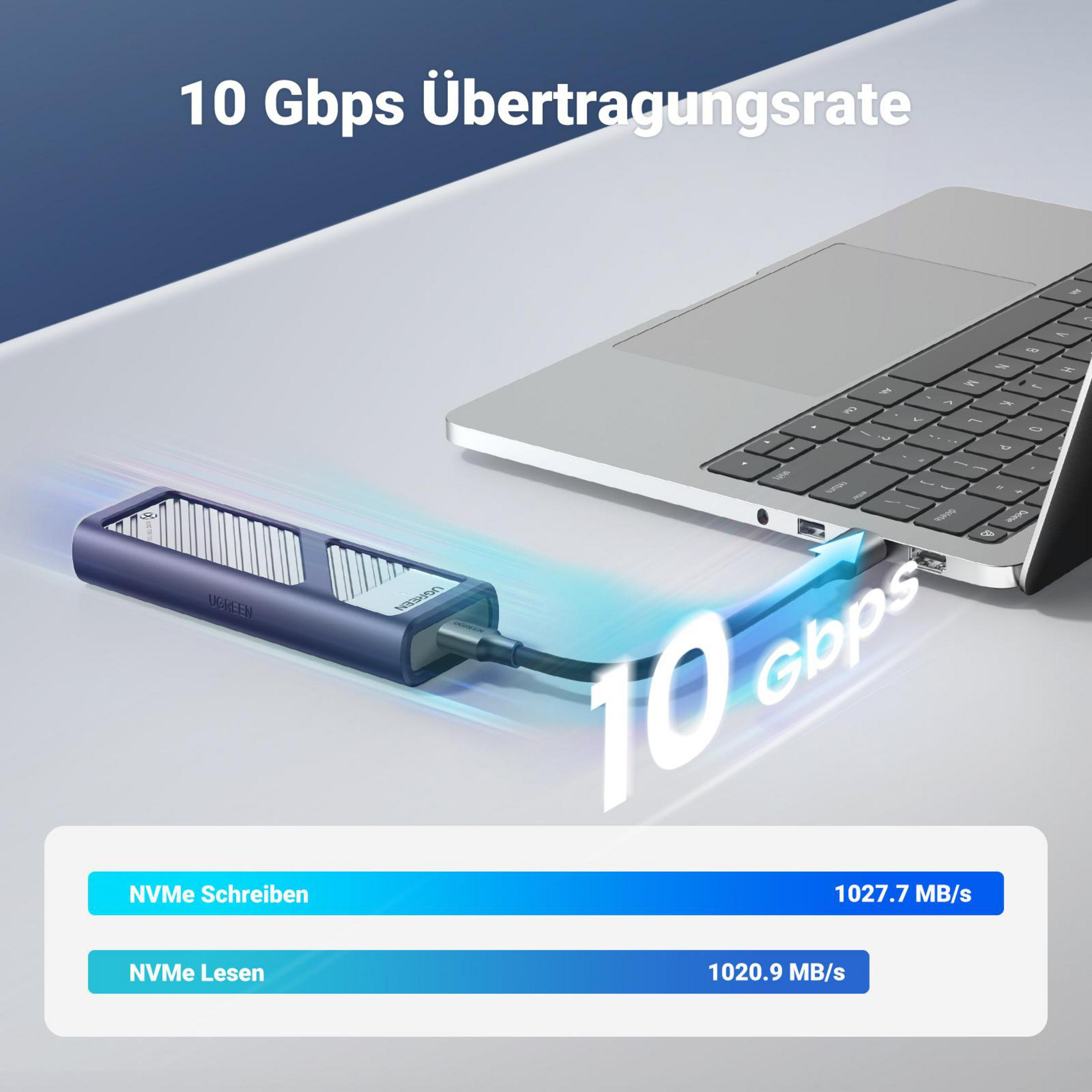 Laptop collegato a disco rigido esterno nero e blu, con testo di velocità.