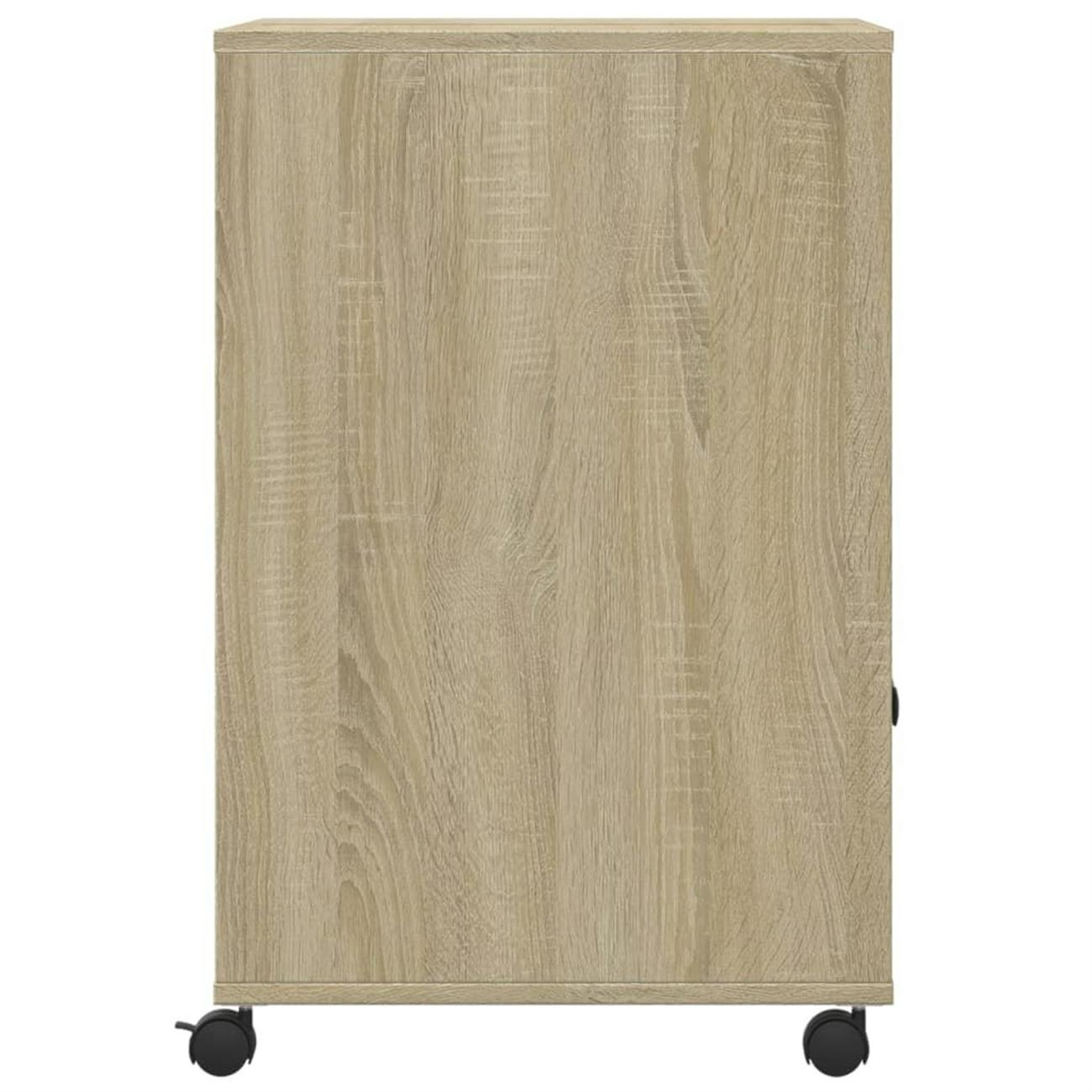 Seitenansicht eines hellbraunen Holzschranks mit schwarzen Rädern.