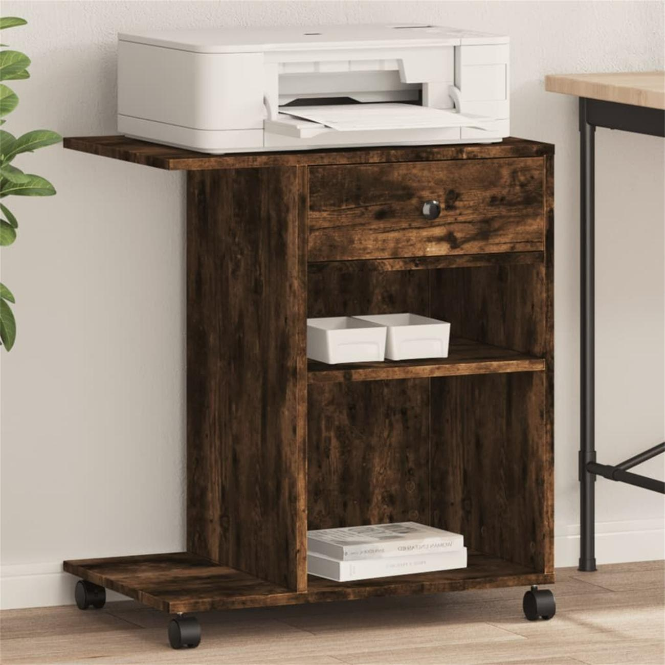 Hölzerner Druckerstand mit Drucker, zwei weißen Boxen und Büchern.