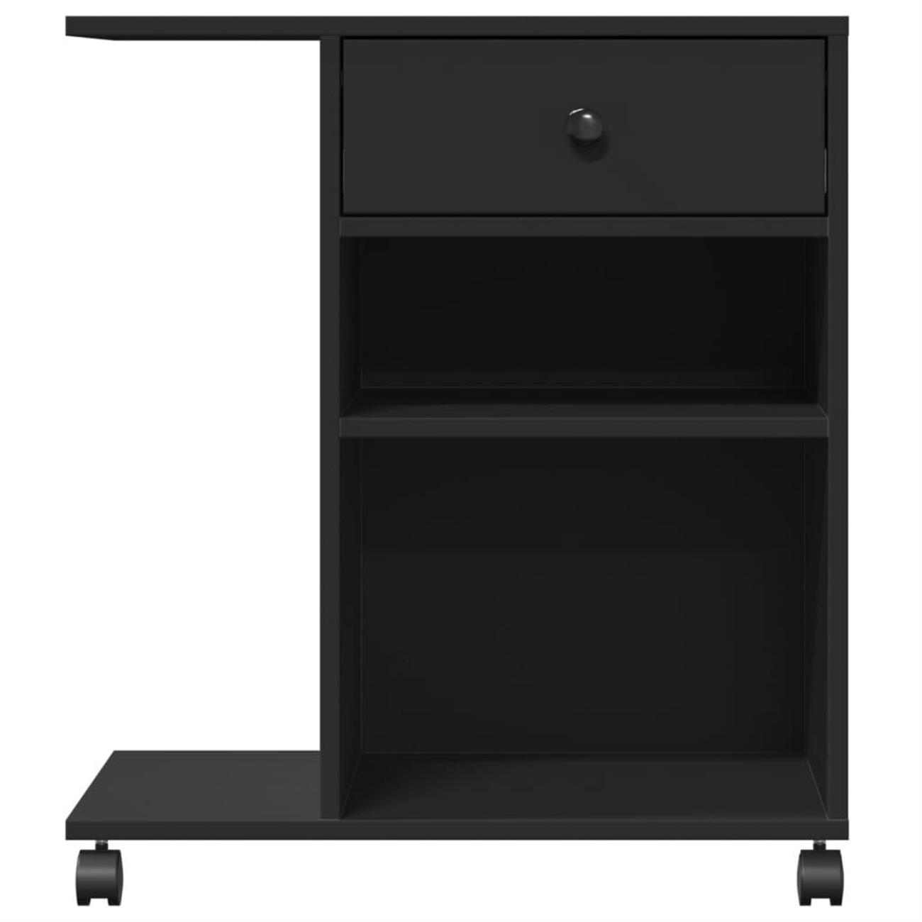 Schwarzer Schreibtisch mit Schublade, Regalen und einem Beistelltisch mit Rädern.
