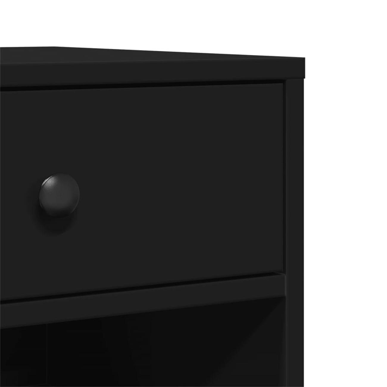 Schwarze Druckerschublade mit schwarzem Knopf.