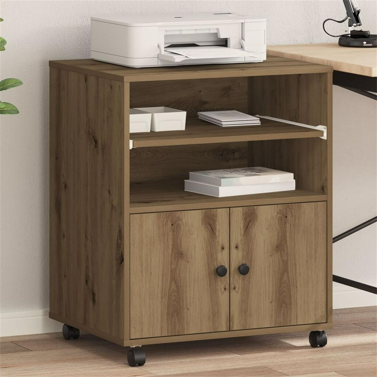 Brauner Druckerstand mit Drucker, Regalen und Türen.