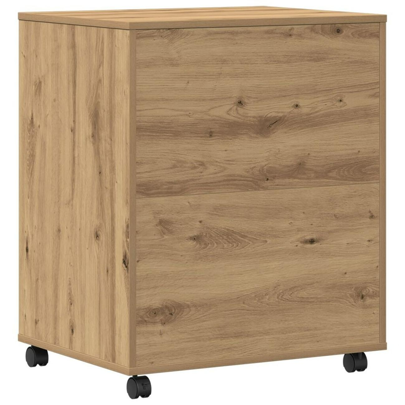 Ein hellbrauner Holzschrank mit schwarzen Rädern.