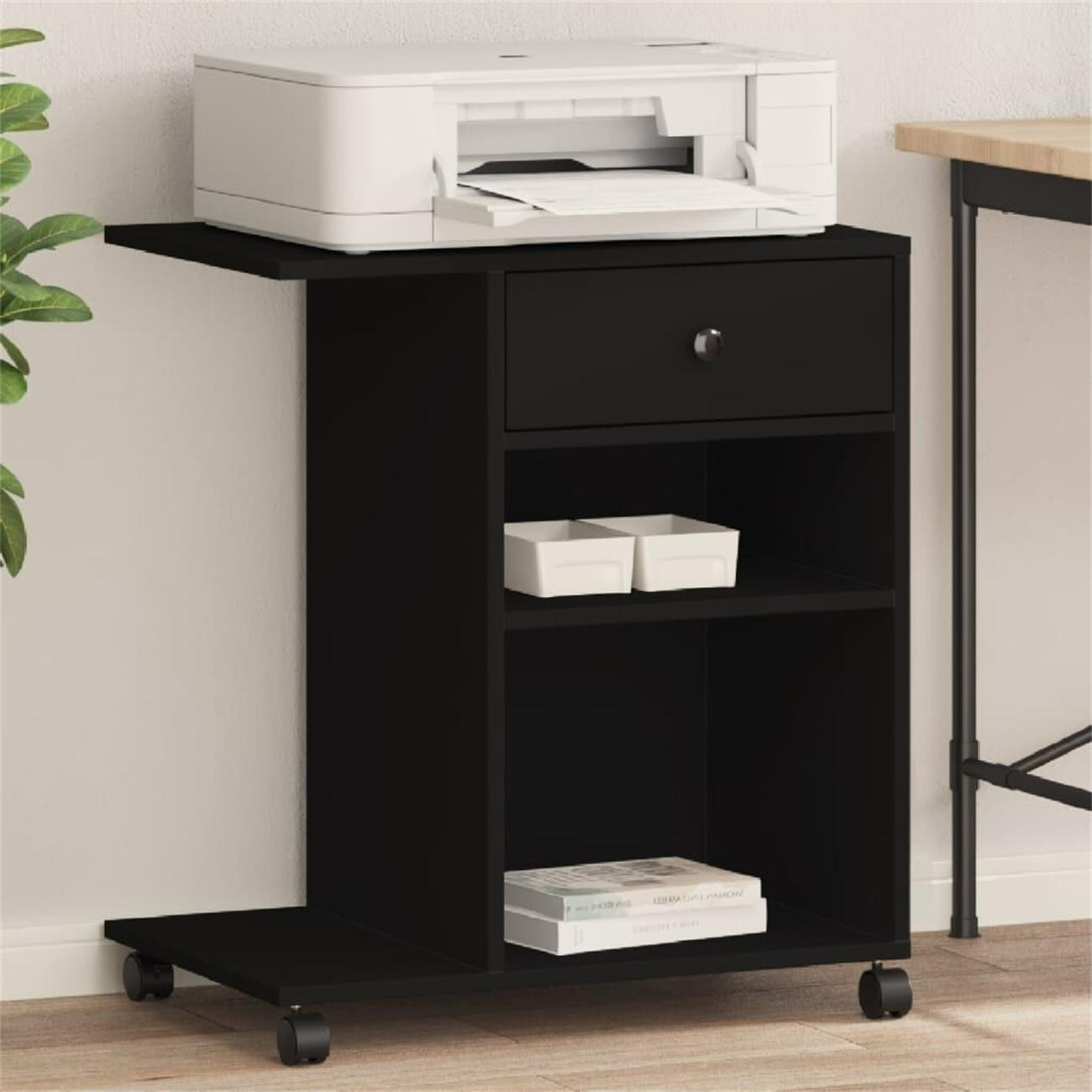Schwarzer Druckerstand mit Schublade, Regalen und Rollen. Oben befindet sich ein weißer Drucker.