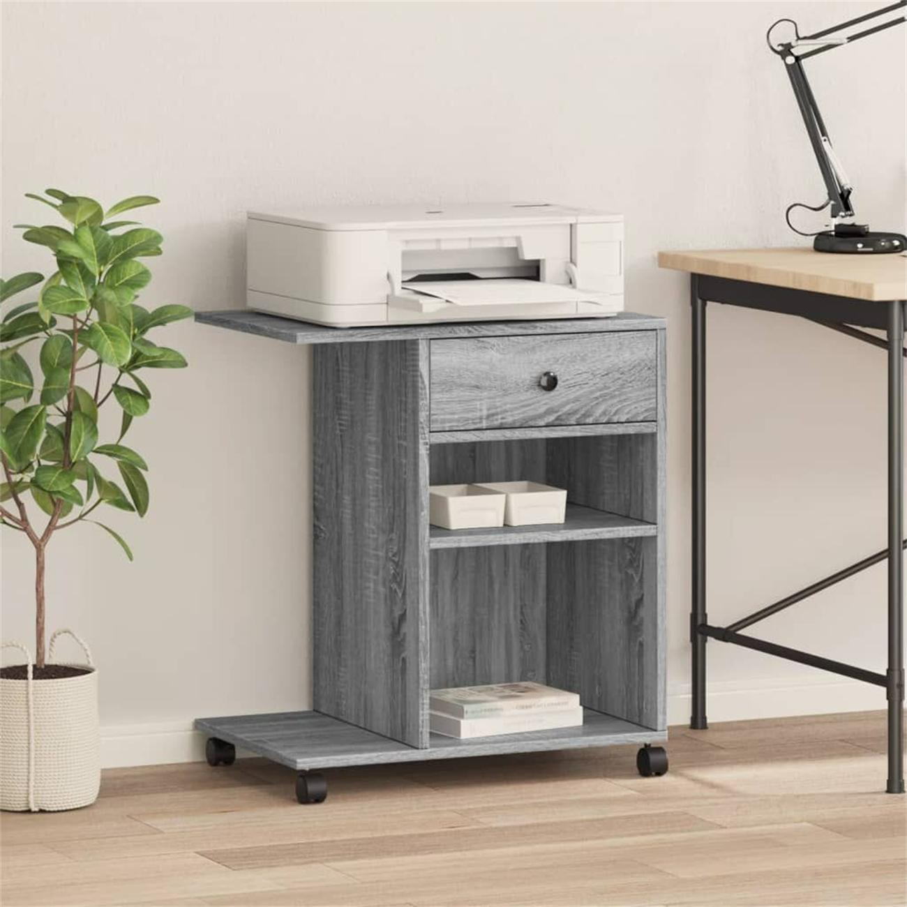 Grauer Druckerstand mit Drucker oben, Schublade, Regalen und Rollen.