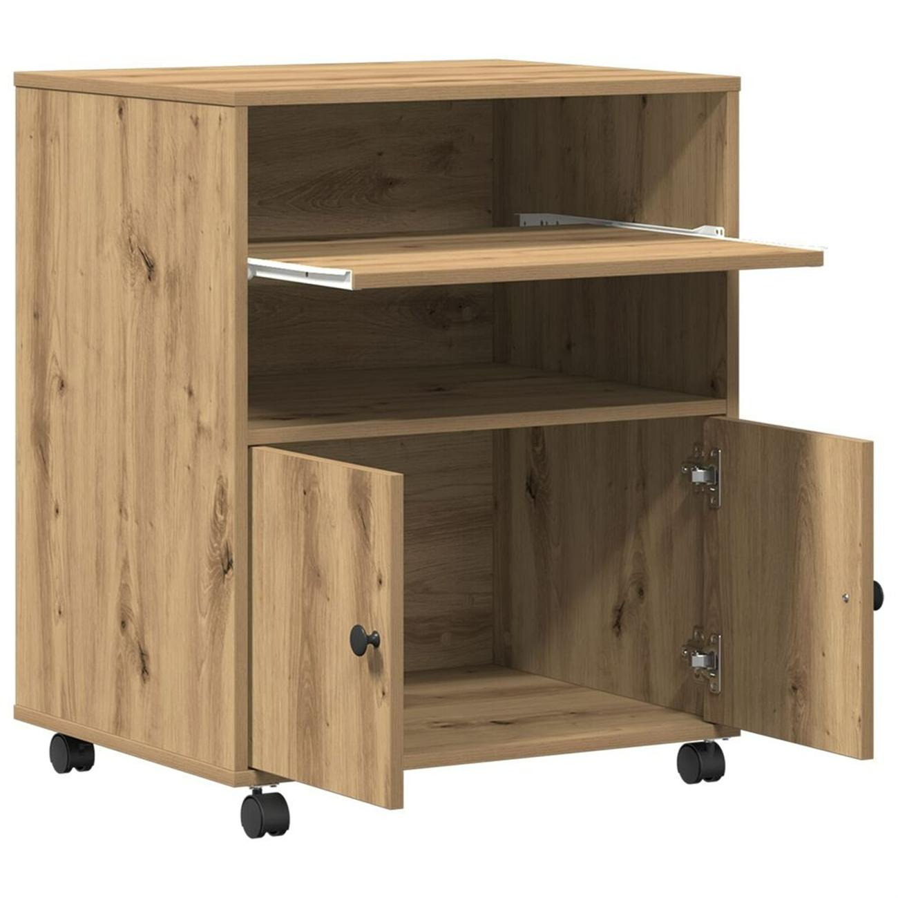 Holz-Druckerständer mit Regalen und offenen Türen.