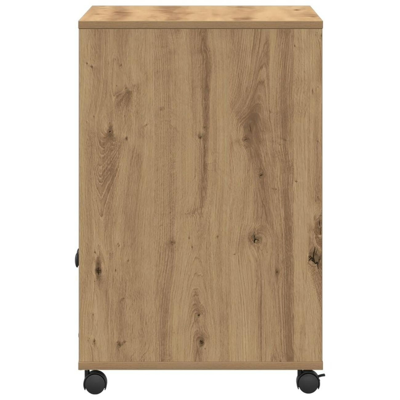 Holz-Druckerständer, Rückansicht, mit Rädern.