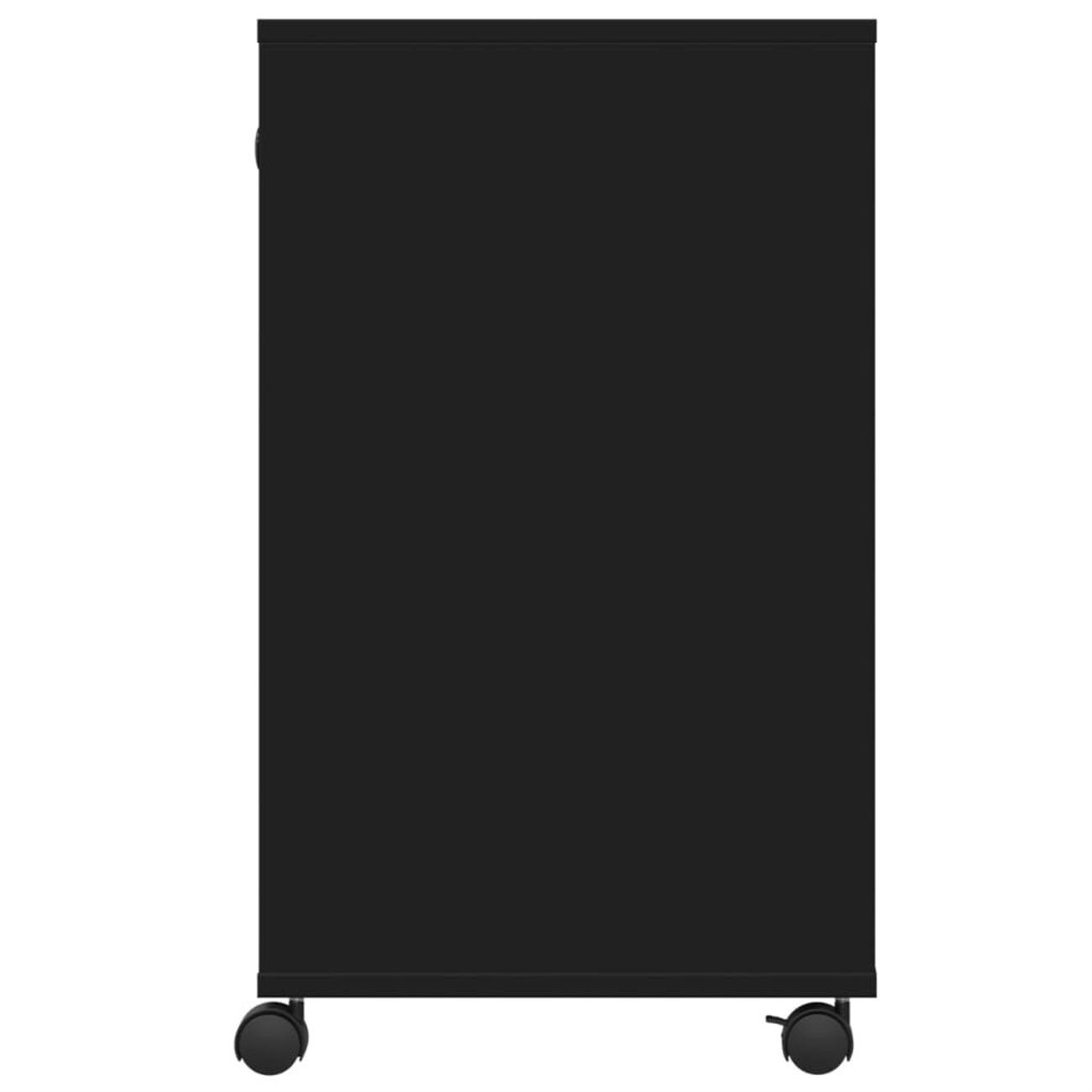 Schwarzer Druckerstand mit Rollen. Seitenansicht zeigt einen rechteckigen schwarzen Kasten mit zwei Rollen unten.