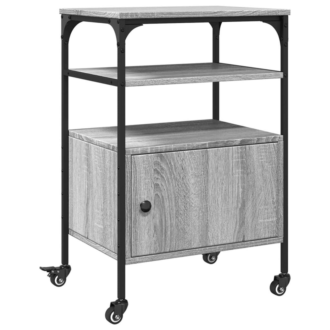 Grauer Holzständer mit schwarzem Metallrahmen, Regalen und einem Schrank. Der Ständer hat Rollen und ist mit Gegenständen gefüllt.
