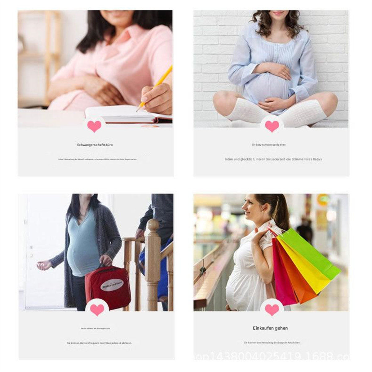 Vier Bilder, die schwangere Frauen in verschiedenen Szenarien zeigen: Schreiben, Sitzen, Gehen und Einkaufen.