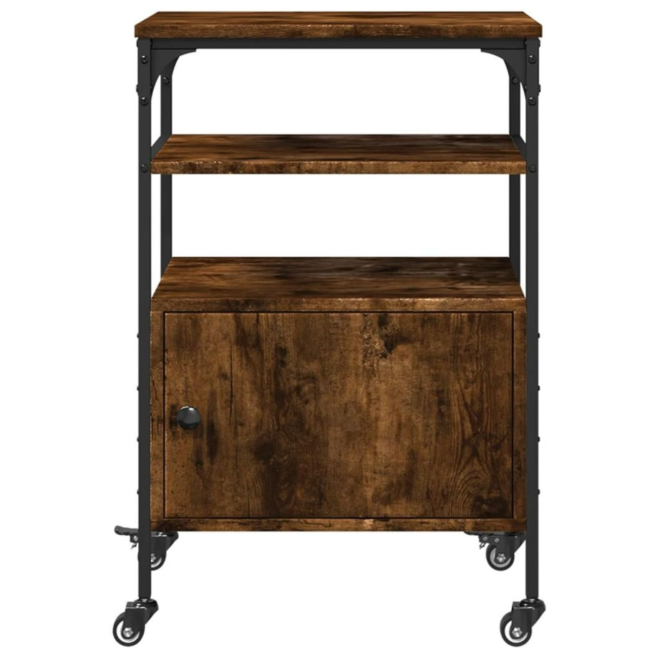 Holzregal mit schwarzem Metallrahmen und Rollen. Regale und Schranktür geschlossen.