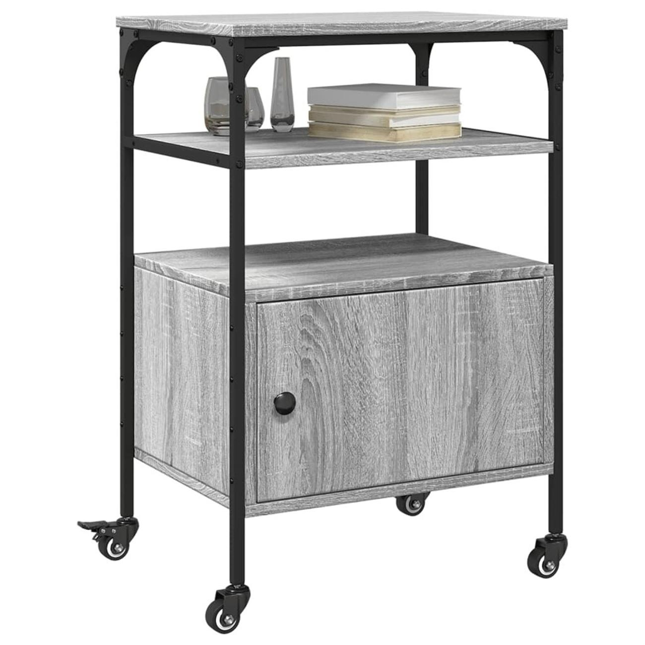 Graues Holzregal mit schwarzem Metallrahmen und Rollen. Regale halten Vasen und Bücher.