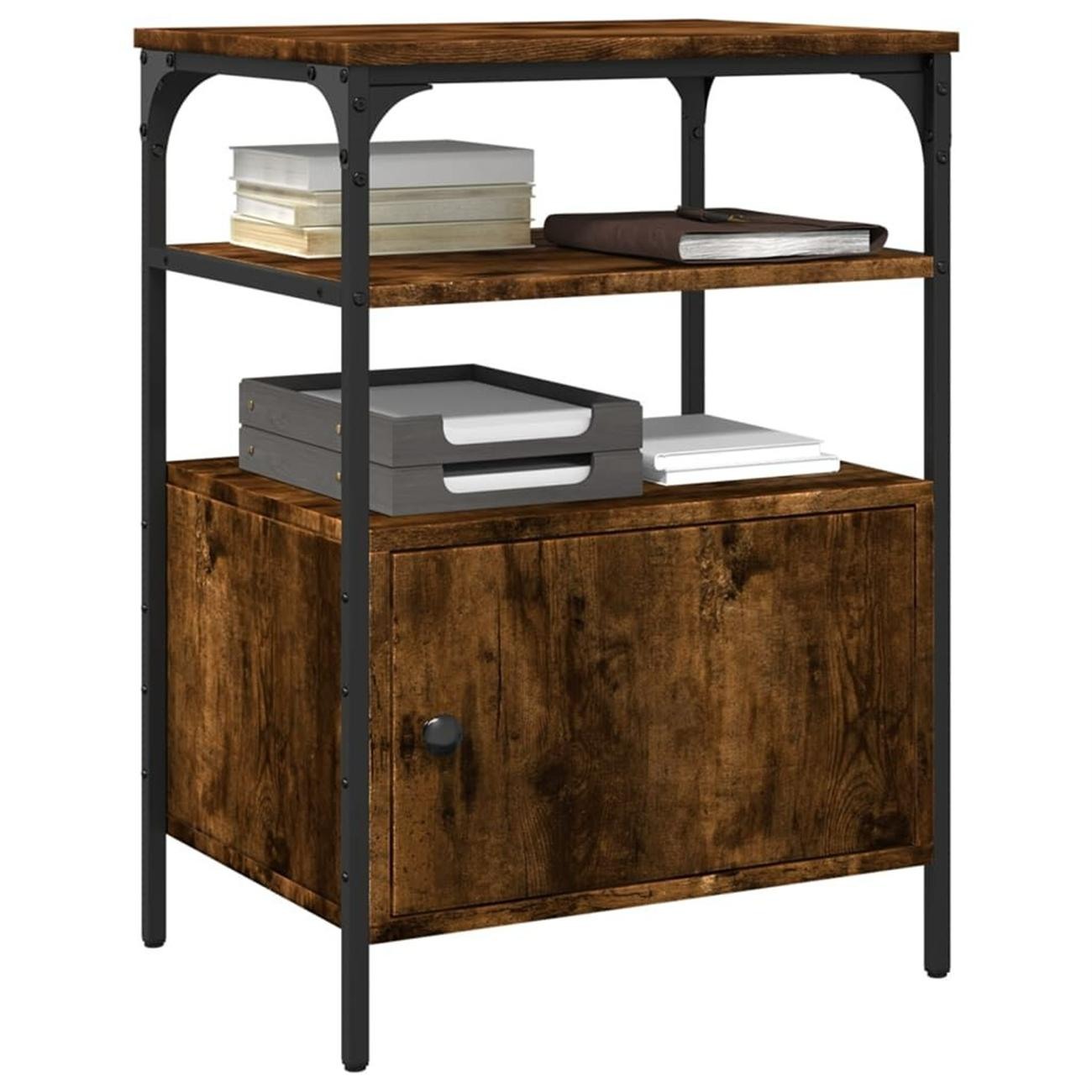 Holzregal mit schwarzem Metallrahmen und Rollen. Regale halten Bücher und Papierschalen.