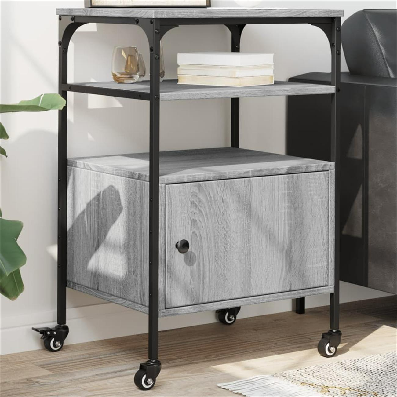 Grauer Rollschrank mit geschlossener Tür und Gegenständen auf Regalen.