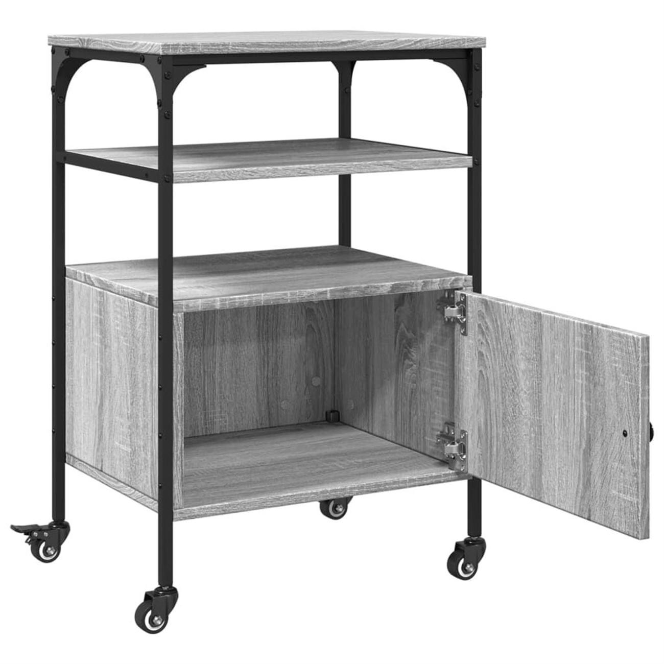 Grauer Rollschrank aus Holz mit offener Tür.