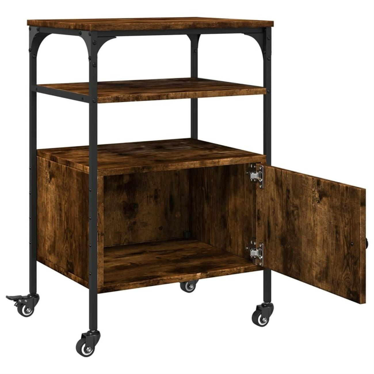 Holzregal mit schwarzem Metallrahmen und Rollen. Geöffnete Schranktür zeigt den Inhalt im Inneren.