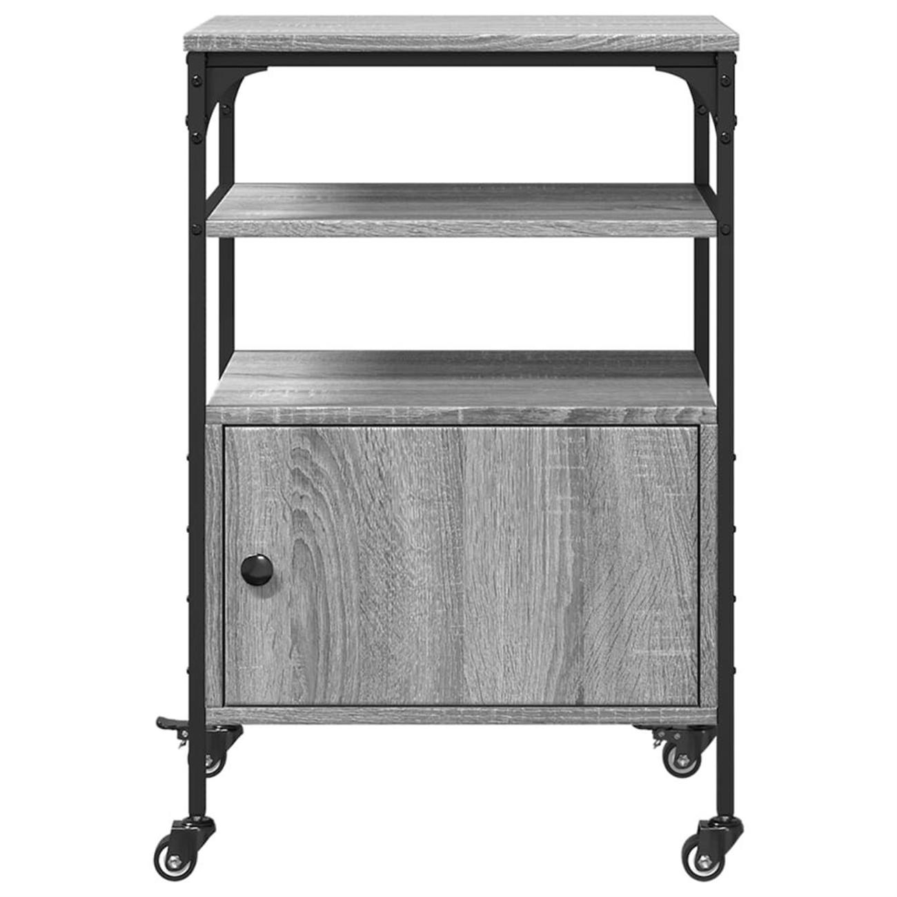 Graues Holzregal mit schwarzem Metallrahmen und Rollen. Regale und Schranktür geschlossen.