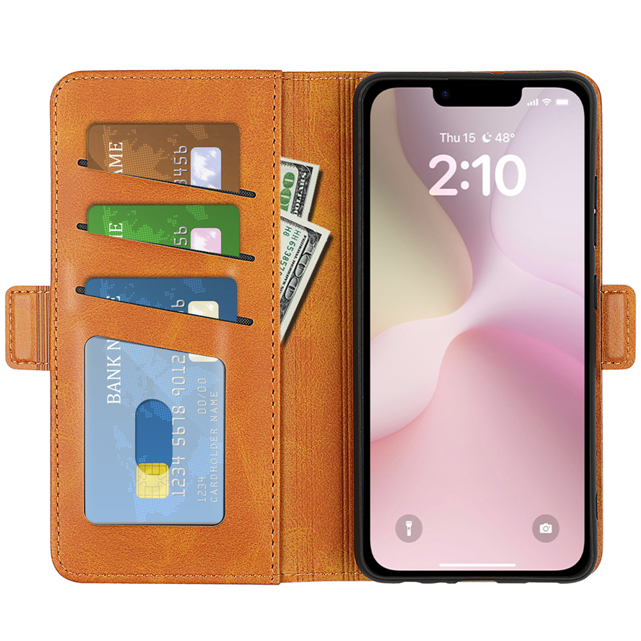 Bruine telefoonportemonnee met kaarten en een honderd dollar biljet, en een telefoon erin.