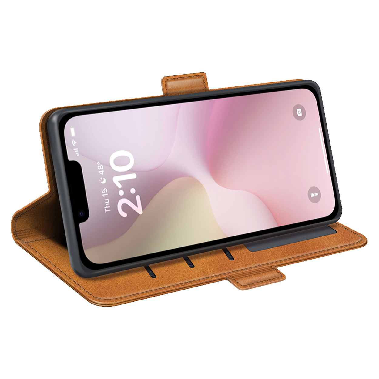 Bruine leren telefoonhoes met een telefoon erin, die de tijd en de batterij toont.