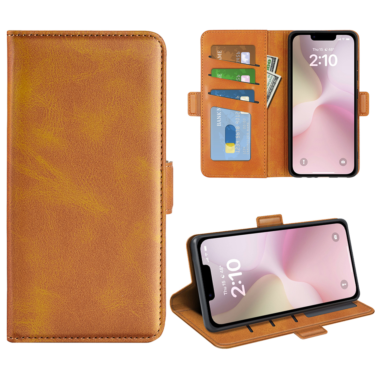 Bruin lederen telefoonhoesje met kaartsleuven. Telefoon erin. Gevouwen en uitgevouwen weergaven.