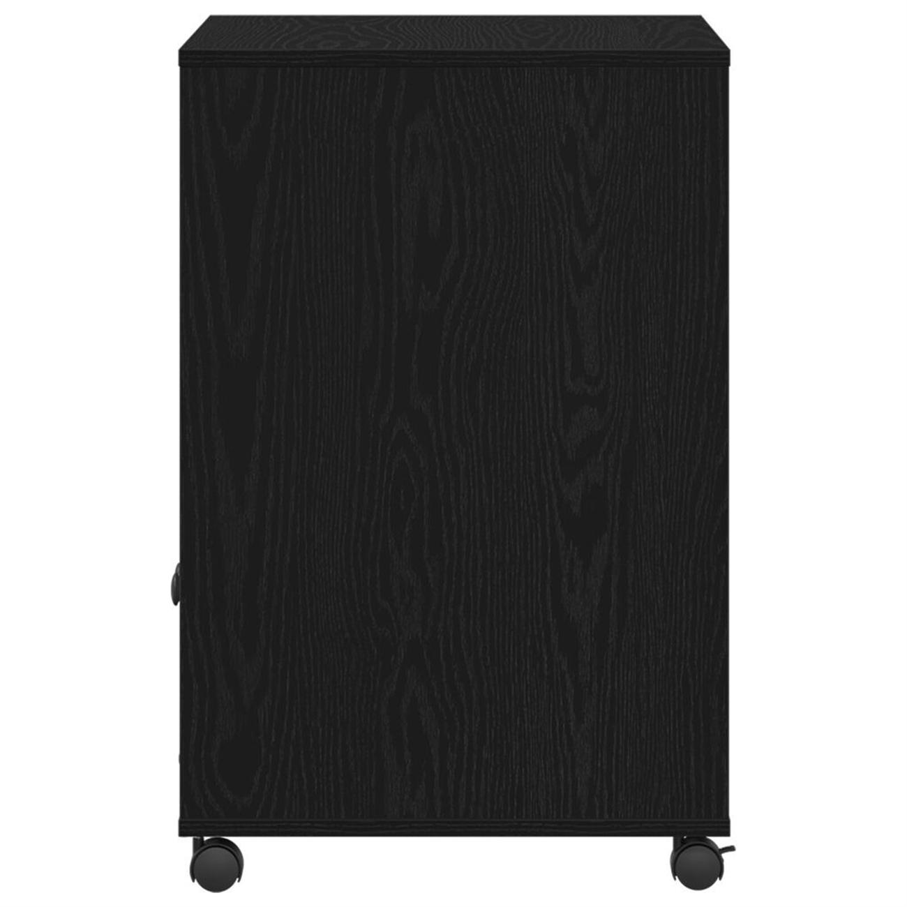 Ein schwarzer Schrank mit Rädern. Die Rückseite des Schranks ist zur Kamera gerichtet.