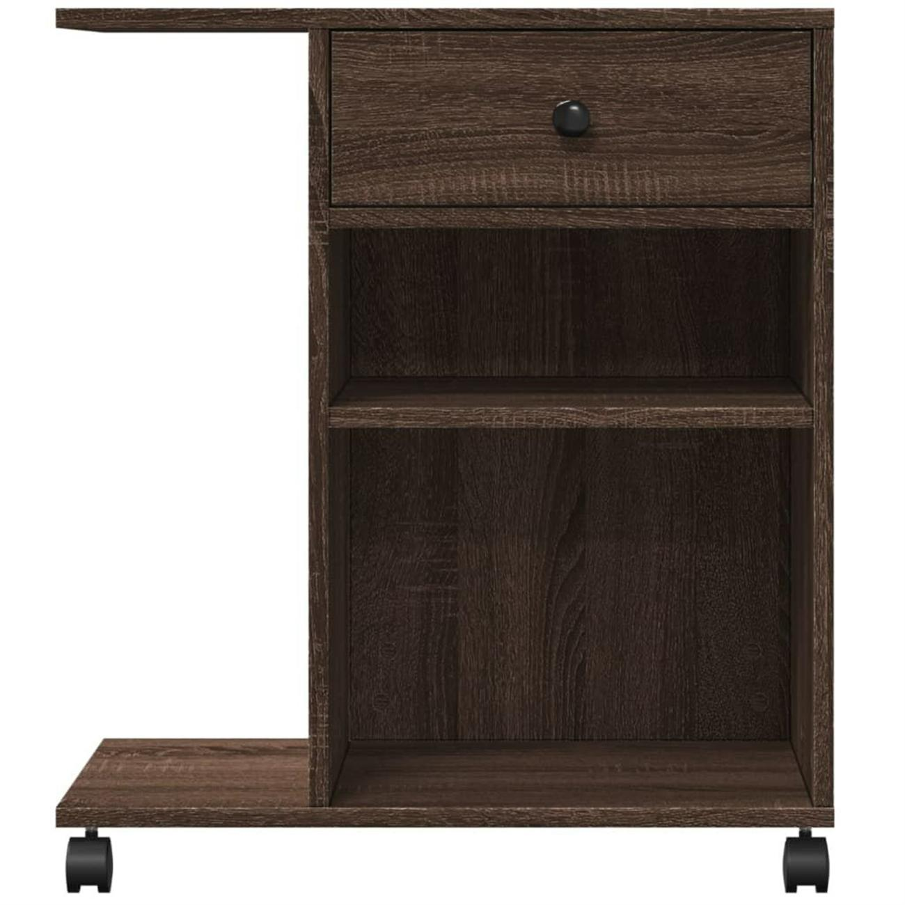 Ein brauner Holz-Druckerständer mit Schublade, Regalen und Rädern. Er hat einen schwarzen Knopf und eine Seite.