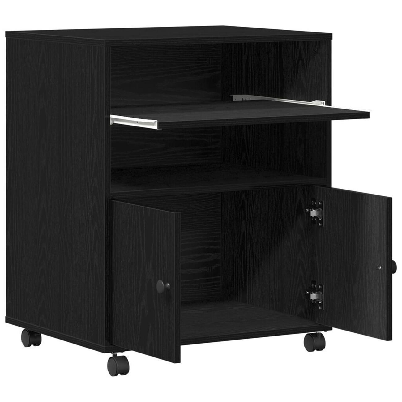 Ein schwarzer Holzschrank mit offenen Türen und Regalen. Er steht auf Rädern und hat eine dunkle Maserung.