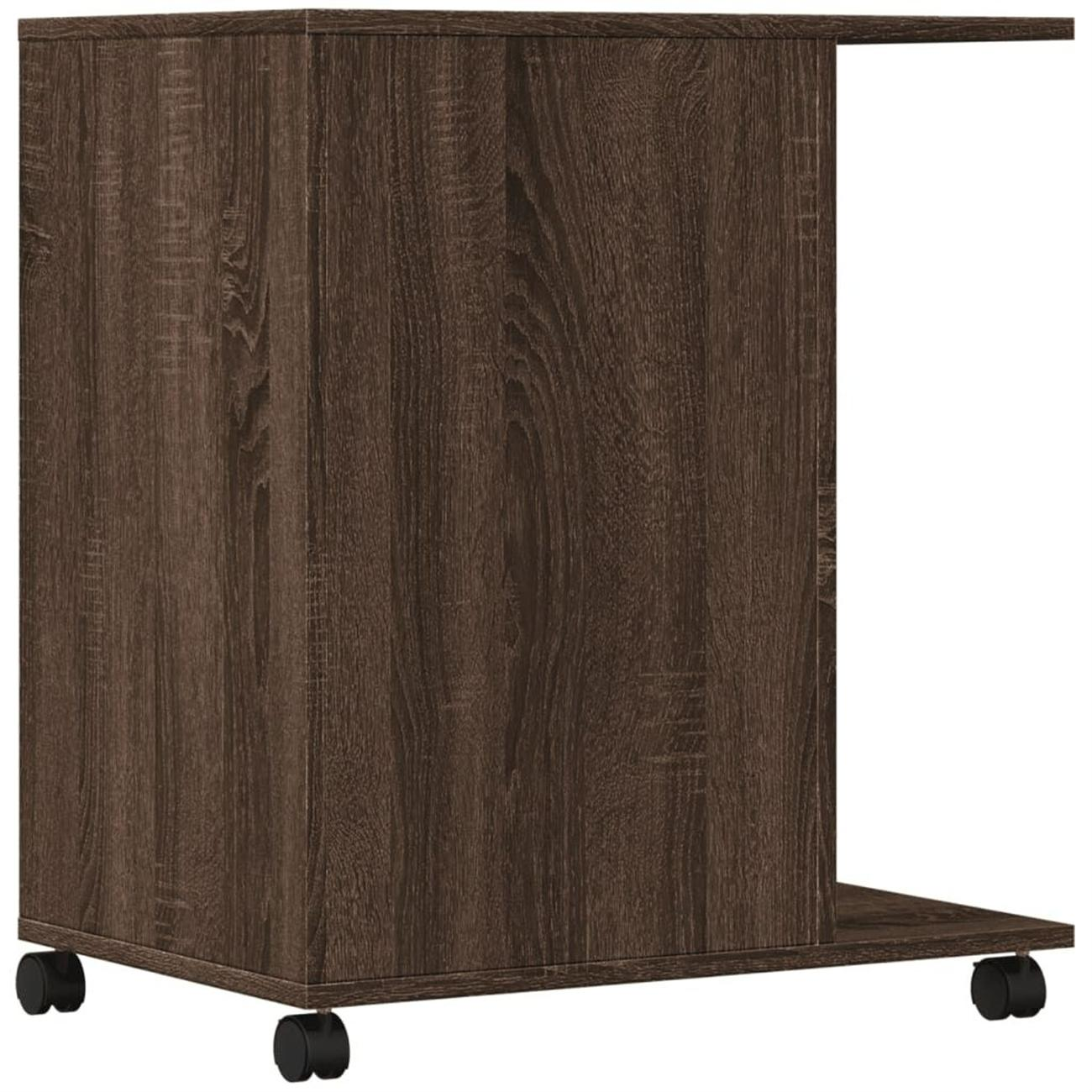 Beistellschrank mit Schublade auf Rollen, aus braunem Holz mit Holzmaserung.
