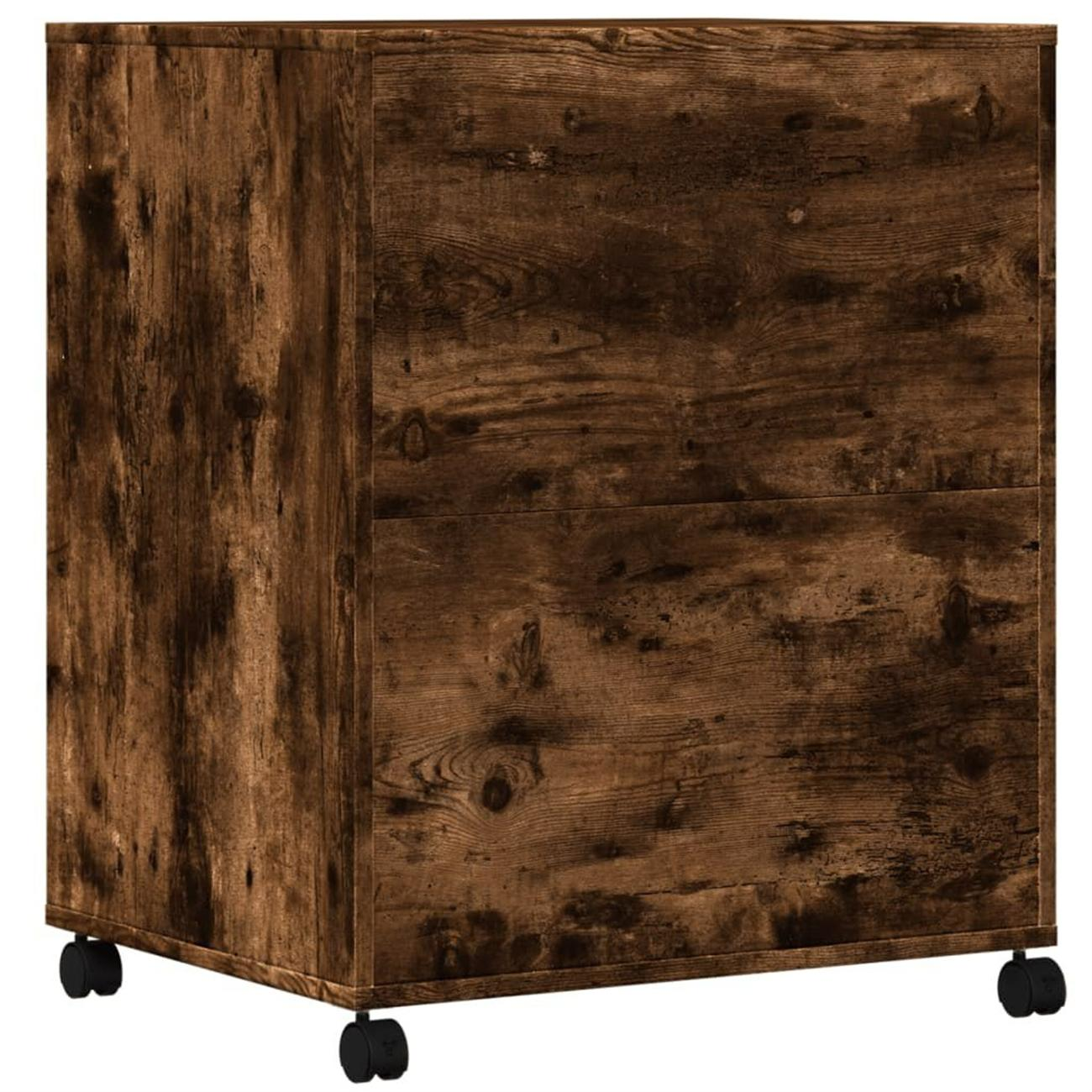 Holzschrank mit zwei Schubladen und Rädern unten. Braune Farbe.